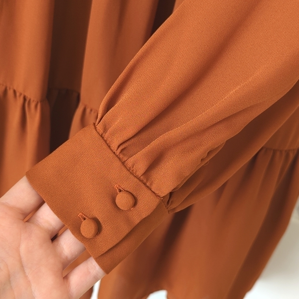 Sam and Jess Ruffle Tiered Long Sleeve V-neck Mini Babydoll Swing Dress Rust S - Picture 11 of 13